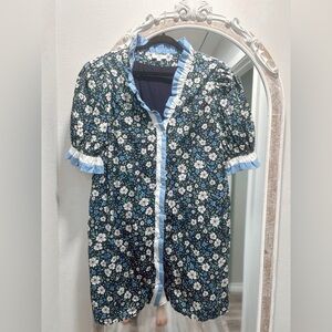 Navy Floral Ruffle Button-Up Top with Sky Blue Trim